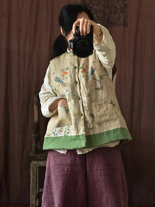 Flower Print Spliced Warm Vest Coat