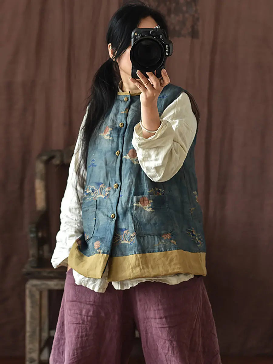 Flower Print Spliced Warm Vest Coat