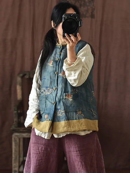 Flower Print Spliced Warm Vest Coat