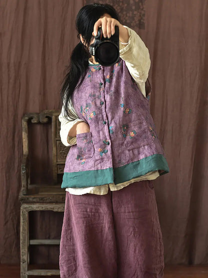 Flower Print Spliced Warm Vest Coat