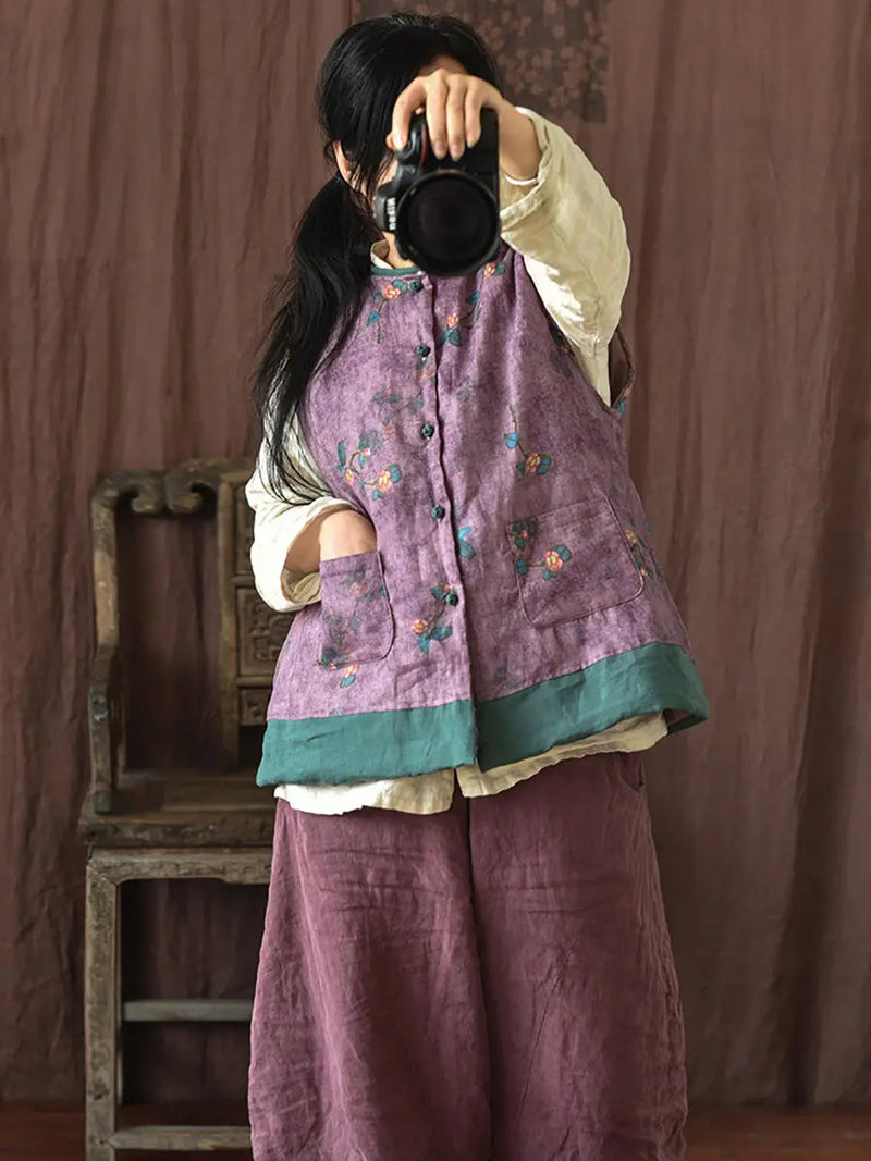 Flower Print Spliced Warm Vest Coat