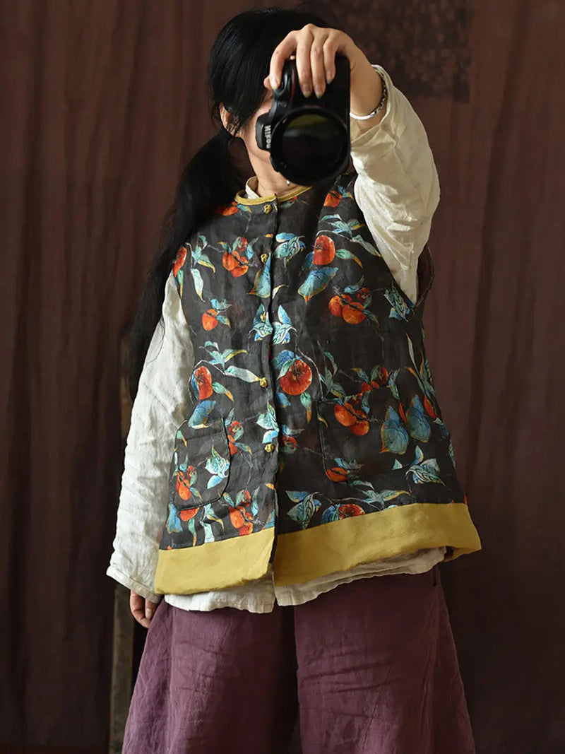 Flower Print Spliced Warm Vest Coat