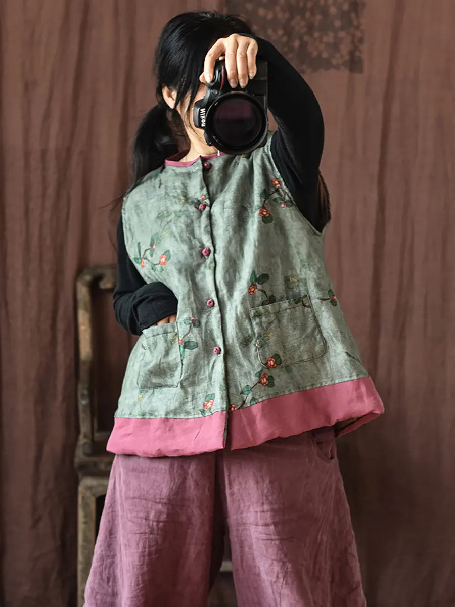 Flower Print Spliced Warm Vest Coat