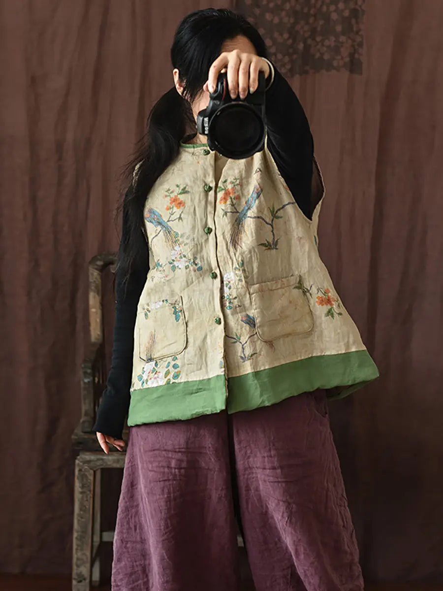 Flower Print Spliced Warm Vest Coat