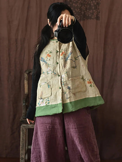 Flower Print Spliced Warm Vest Coat