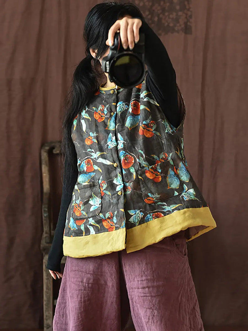 Flower Print Spliced Warm Vest Coat