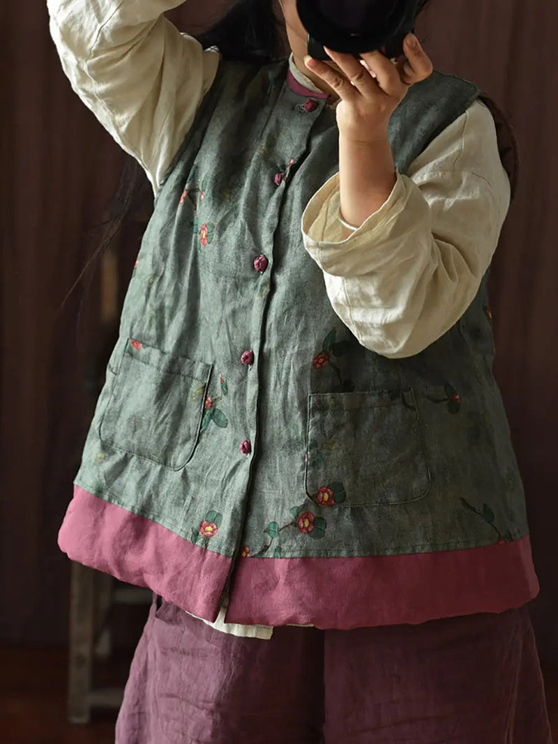 Flower Print Spliced Warm Vest Coat