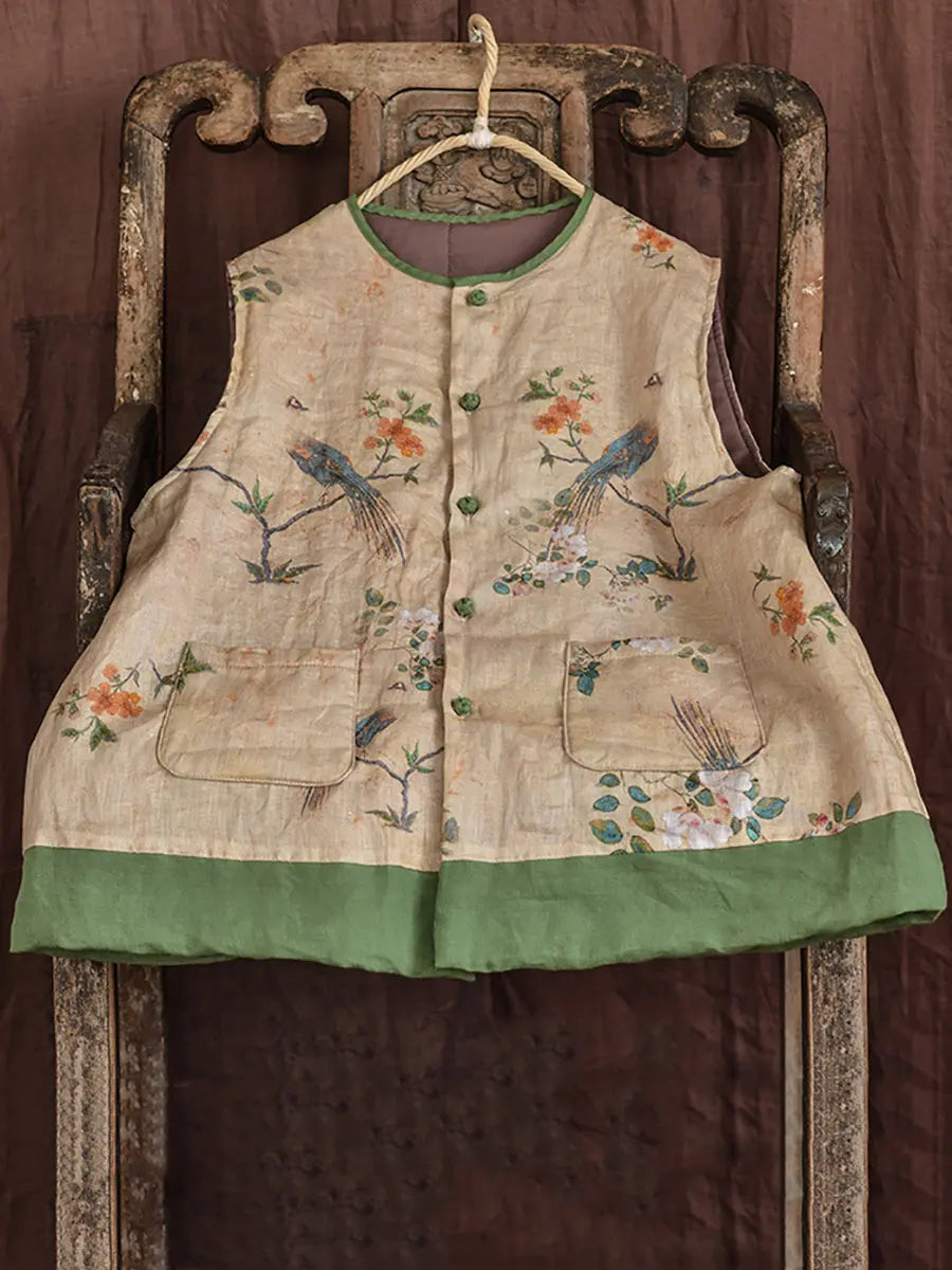 Flower Print Spliced Warm Vest Coat