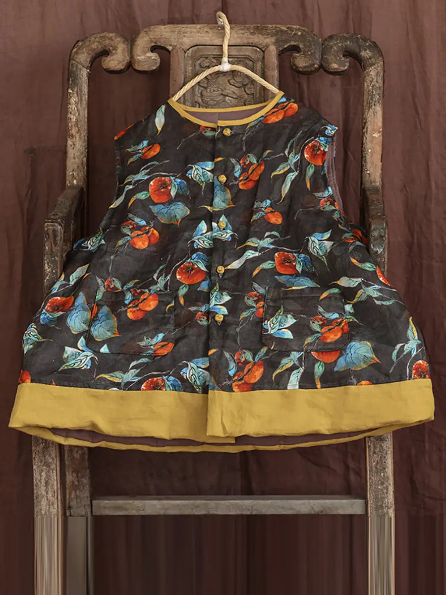 Flower Print Spliced Warm Vest Coat