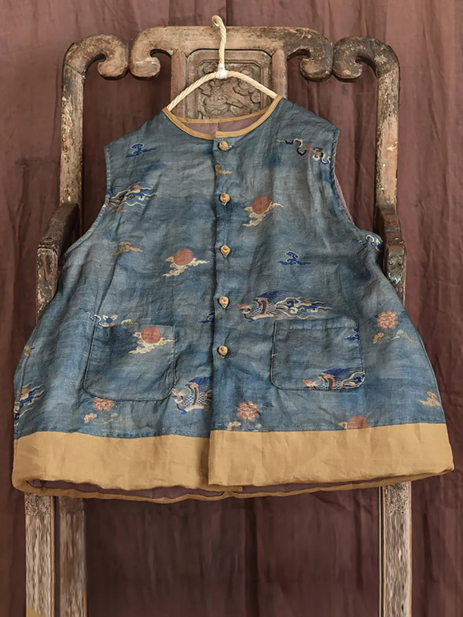 Flower Print Spliced Warm Vest Coat