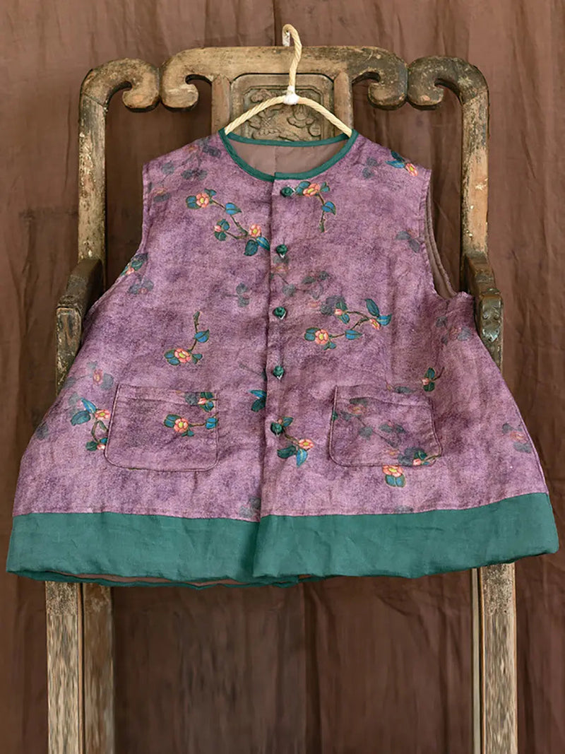 Flower Print Spliced Warm Vest Coat