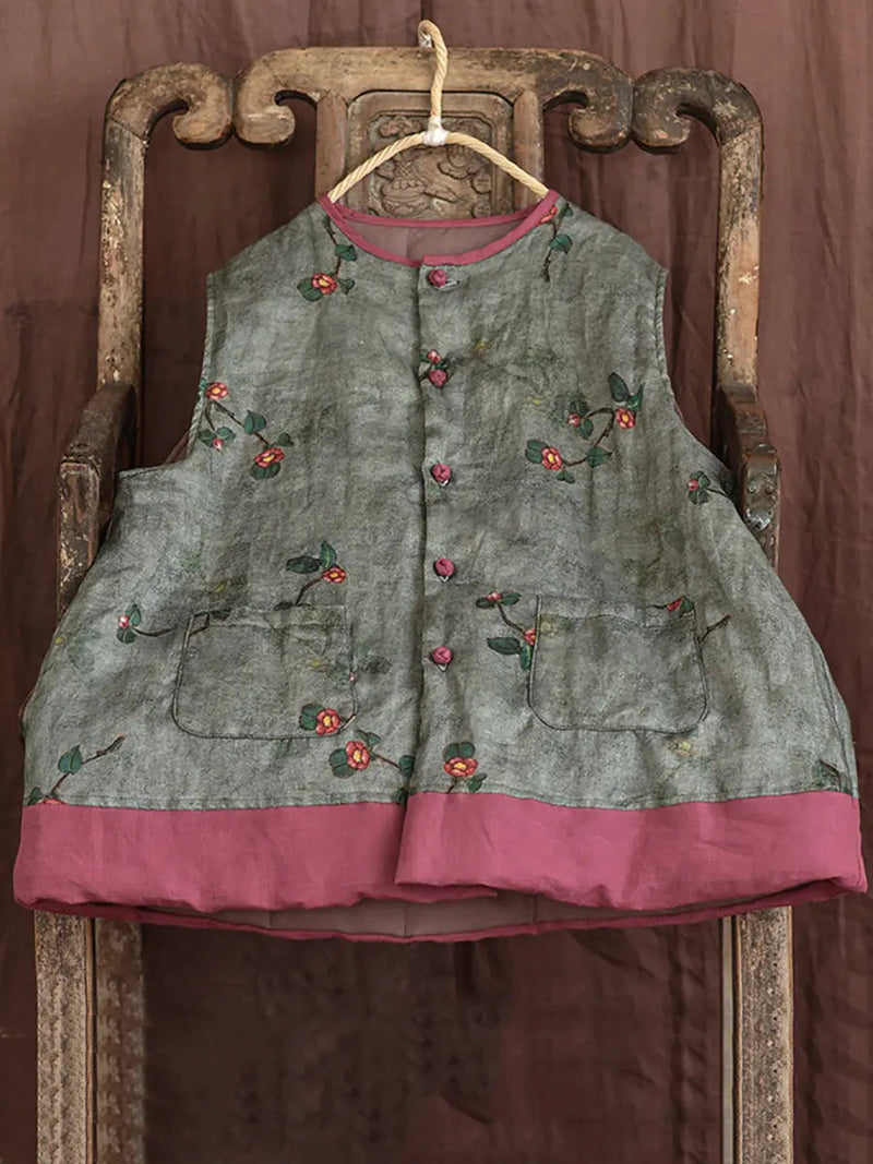 Flower Print Spliced Warm Vest Coat