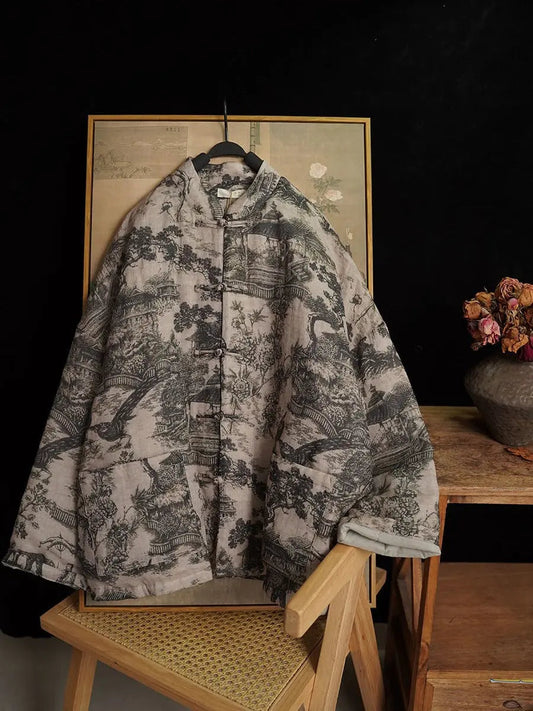 Print Ramie Padded Coat