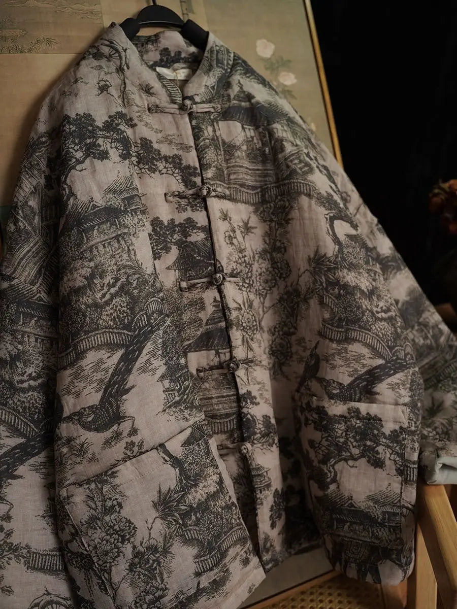 Print Ramie Padded Coat
