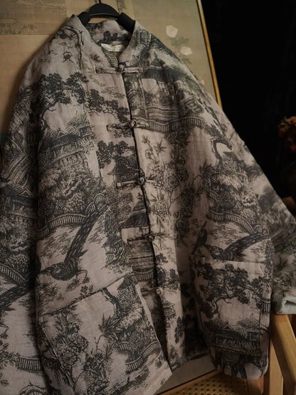 Print Ramie Padded Coat