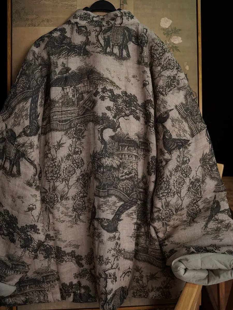 Print Ramie Padded Coat