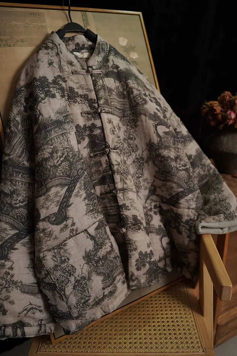 Print Ramie Padded Coat