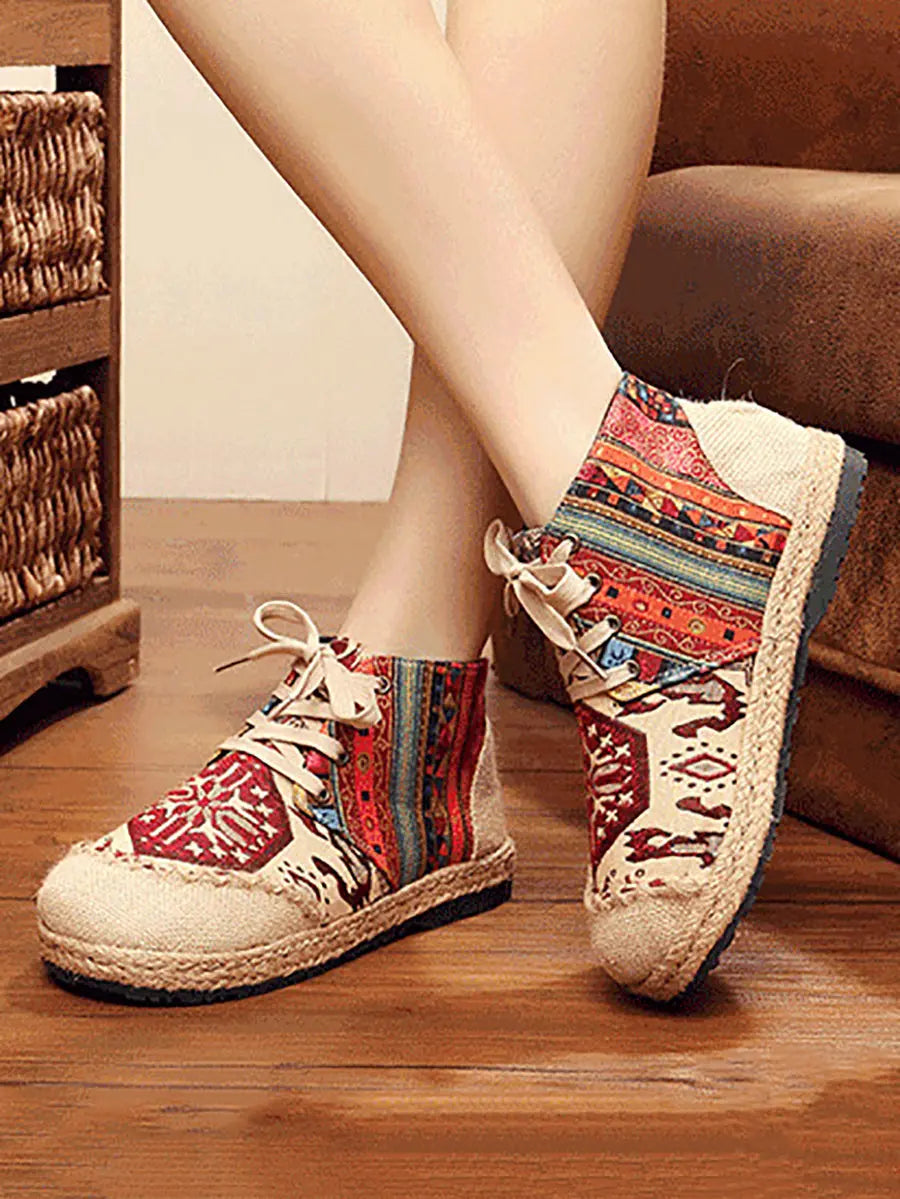 Spliced Linen Embroidery Shoes
