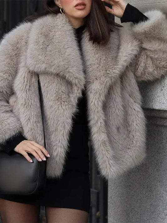 Faux Fur Lapel Warm Long Sleeve Crop Oversized Coat