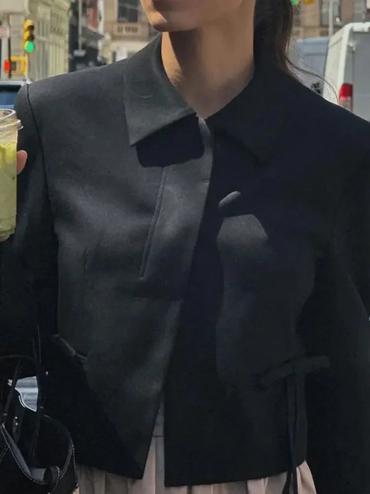 Lapel Long Cropped Black Lace Short Street Cropped Coat
