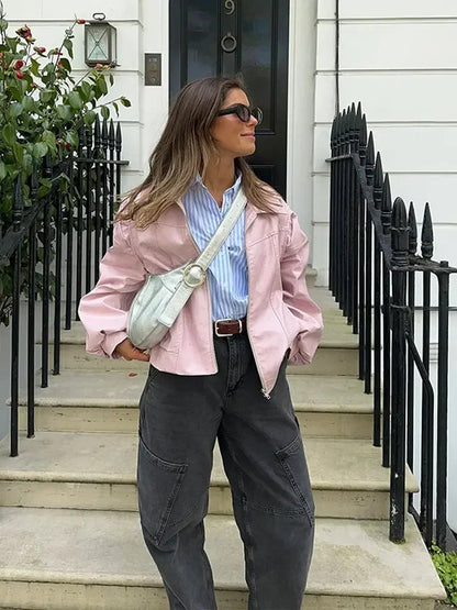 Pink Big Lapel Faux Zipper Long Sleeve Lady Coat