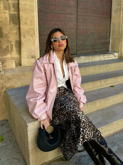 Pink Big Lapel Faux Zipper Long Sleeve Lady Coat
