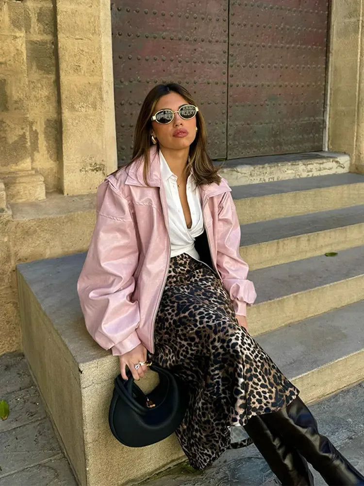 Pink Big Lapel Faux Zipper Long Sleeve Lady Coat