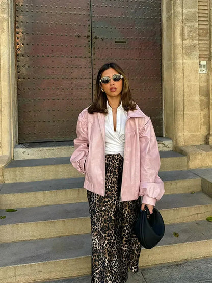Pink Big Lapel Faux Zipper Long Sleeve Lady Coat