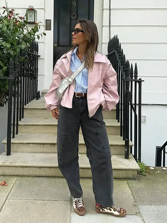 Pink Big Lapel Faux Zipper Long Sleeve Lady Coat