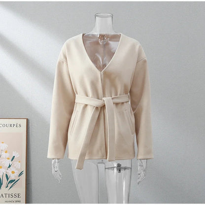 Midi Belt V Neck Thick Warm Long Sleeve Coat