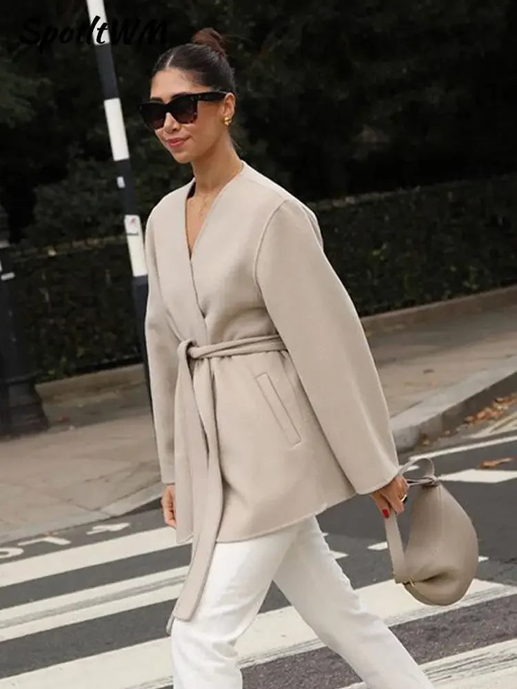 Midi Belt V Neck Thick Warm Long Sleeve Coat