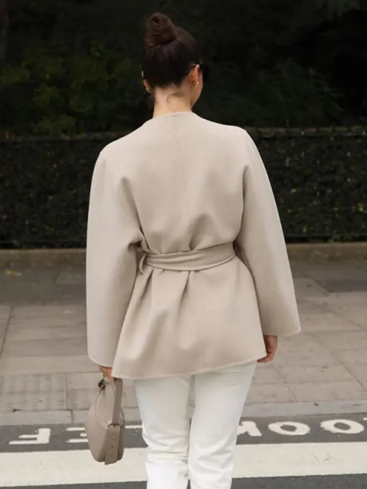 Midi Belt V Neck Thick Warm Long Sleeve Coat