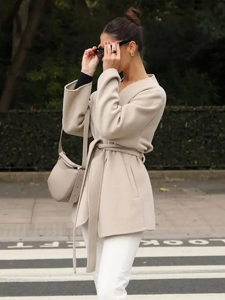 Midi Belt V Neck Thick Warm Long Sleeve Coat