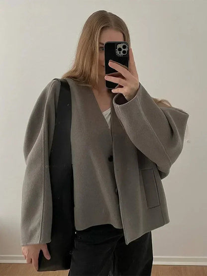 Single Breasted Cotton V Neck Long Loose Coat