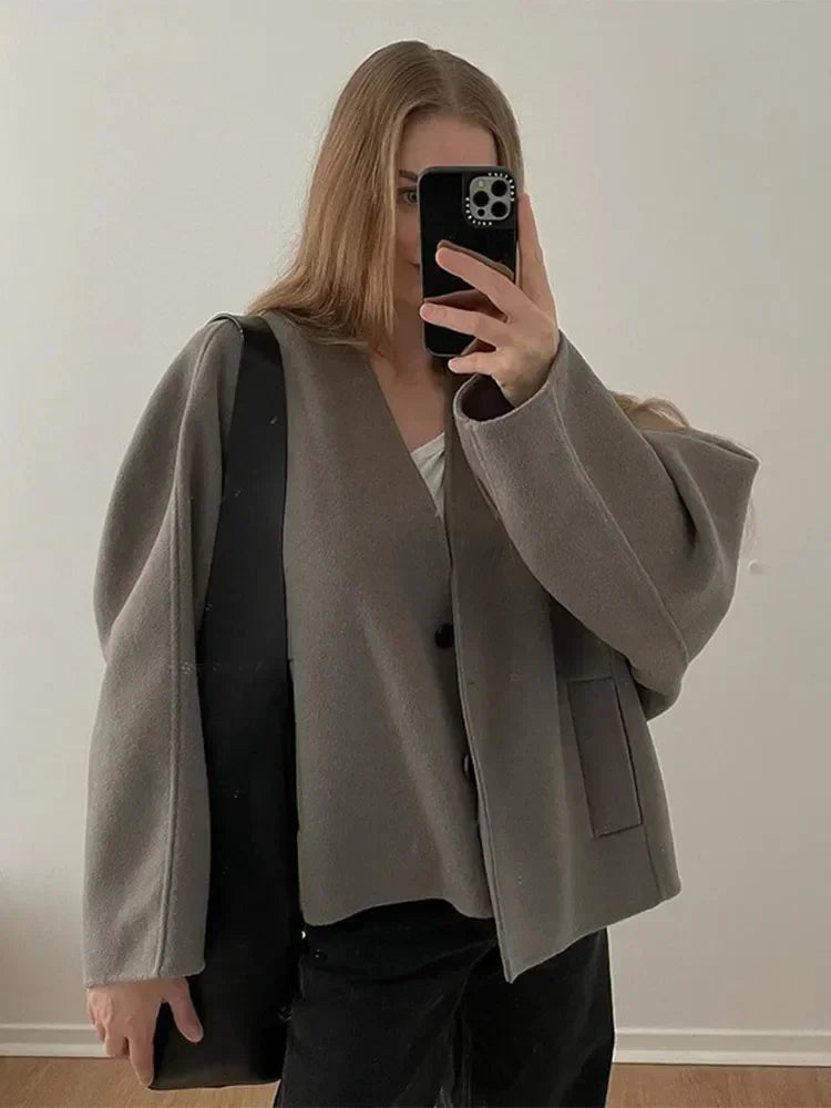 Single Breasted Cotton V Neck Long Loose Coat