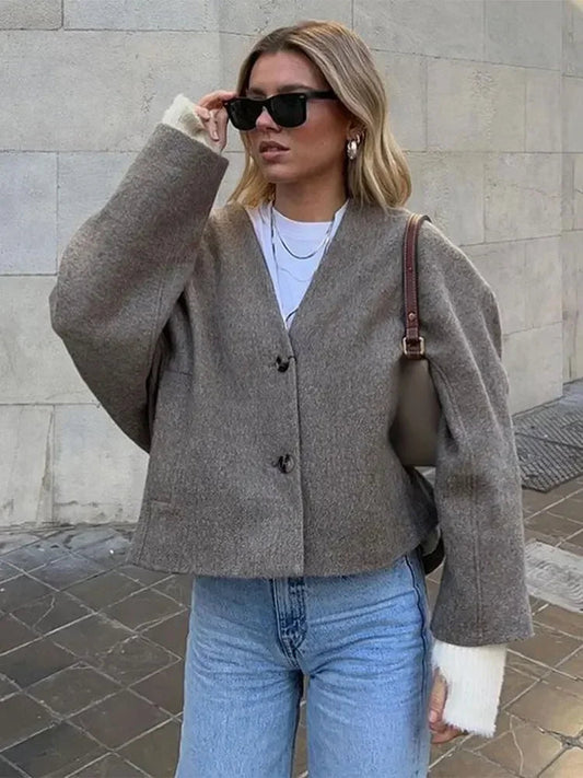 Single Breasted Cotton V Neck Long Loose Coat