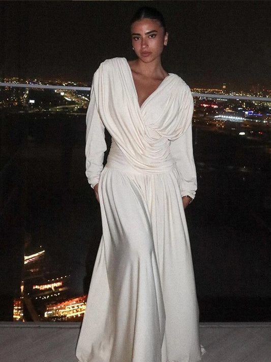 V-neck Draped Maxi Dress Long Sleeves Backless Slim Dresses New Summer Female High