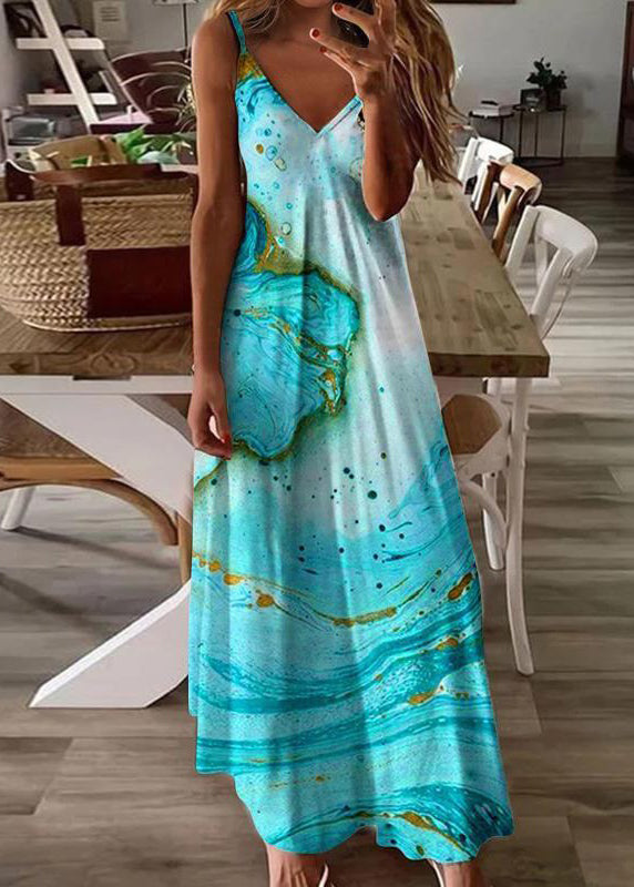 Feather Print V Neck Cotton Long Dresses Sleeveless Ww1043