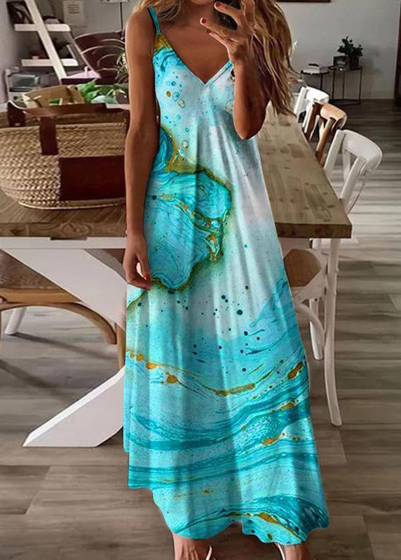 Feather Print V Neck Cotton Long Dresses Sleeveless Ww1043