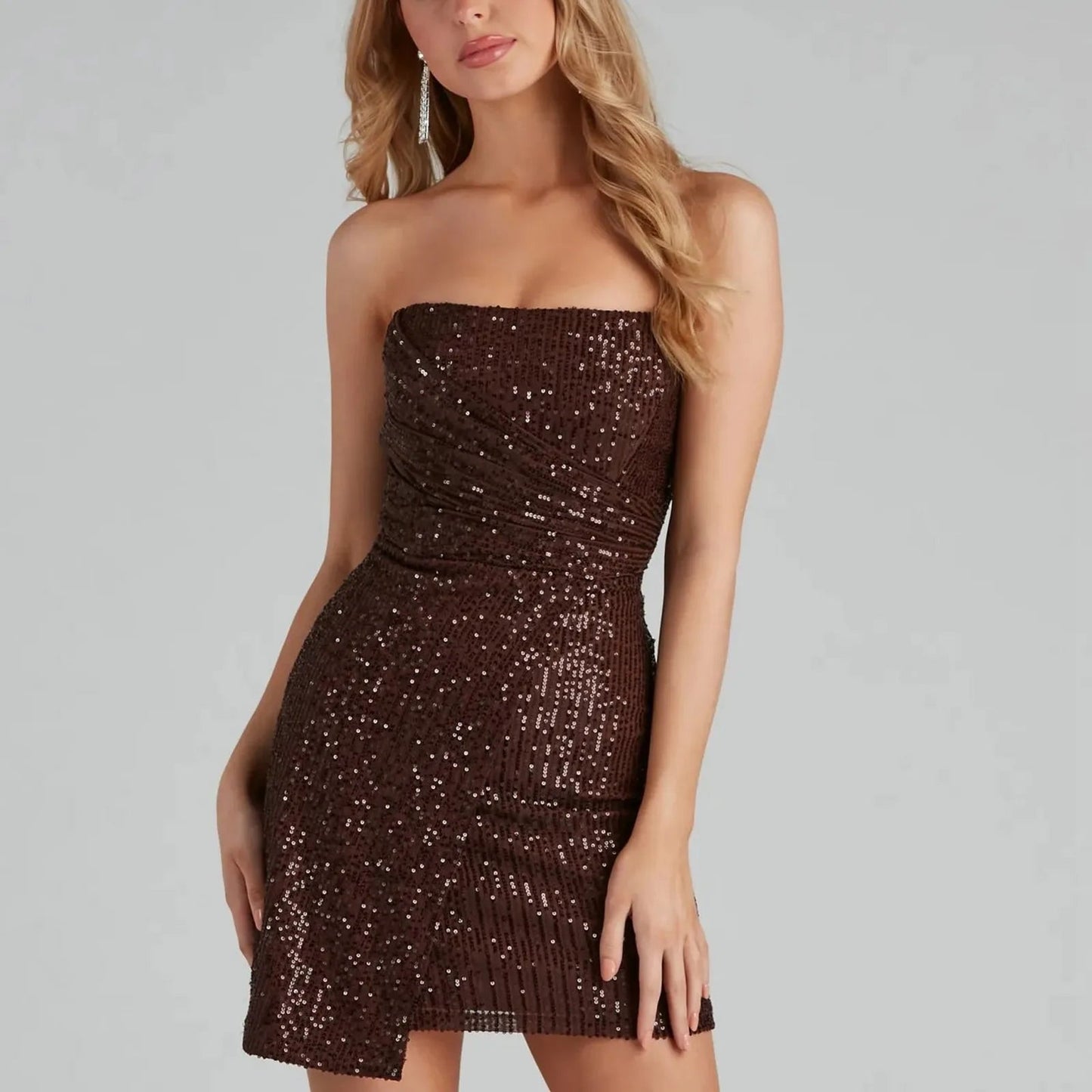 French Style Sequin Pink V Neck Suspender Midi Dress
