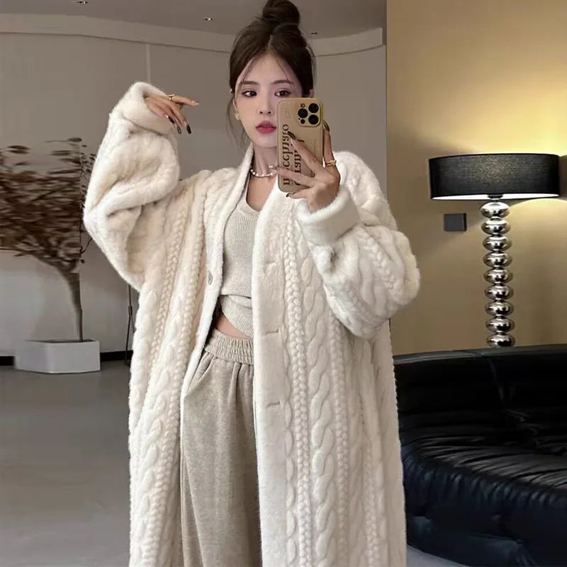 Fur Thickened Long Autumn Winter V-neck Thin Loose Coat