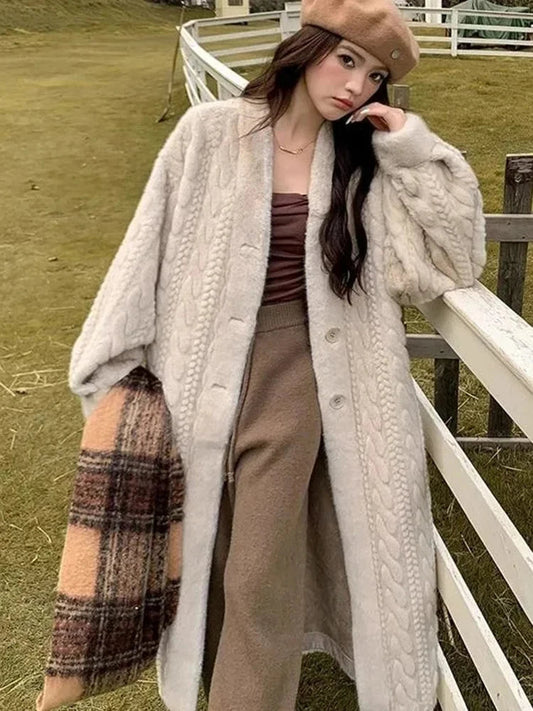 Fur Thickened Long Autumn Winter V-neck Thin Loose Coat