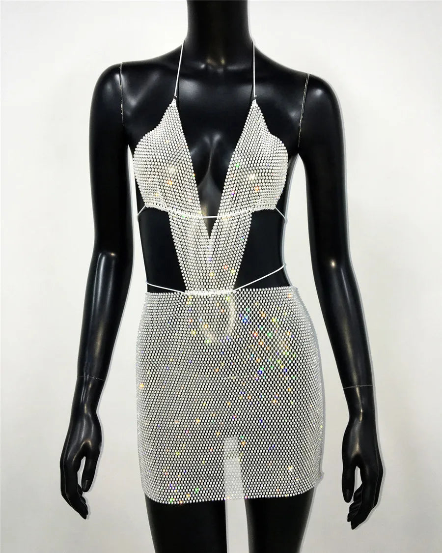 Glitter Diamond Backless Halter Neck Mini Dress Cut Out Dresses