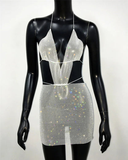 Glitter Diamond Backless Halter Neck Mini Dress Cut Out Dresses