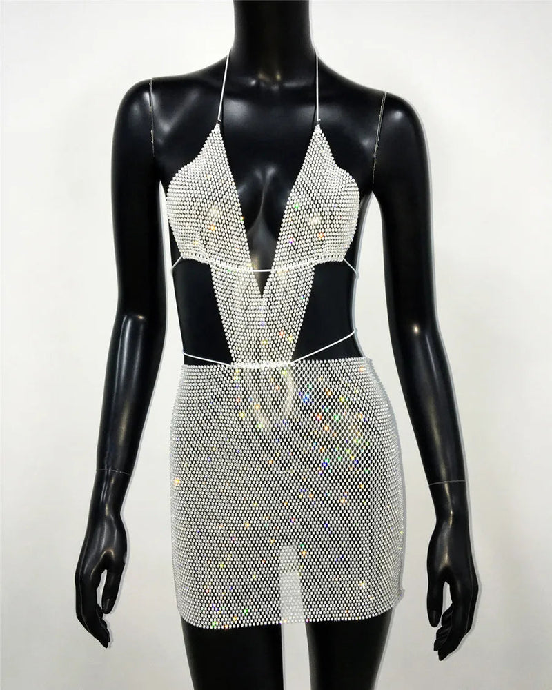 Glitter Diamond Backless Halter Neck Mini Dress Cut Out Dresses