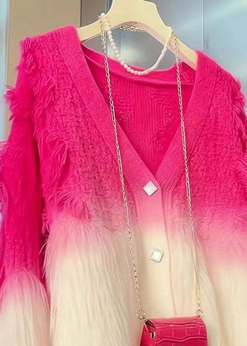 Gradient Color V Neck Button Cotton Knit Coat Long Sleeve As1037