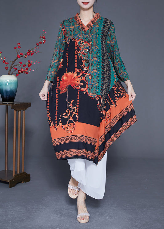 Green Asymmetrical Patchwork Print Silk Maxi Dresses Spring Ly1769