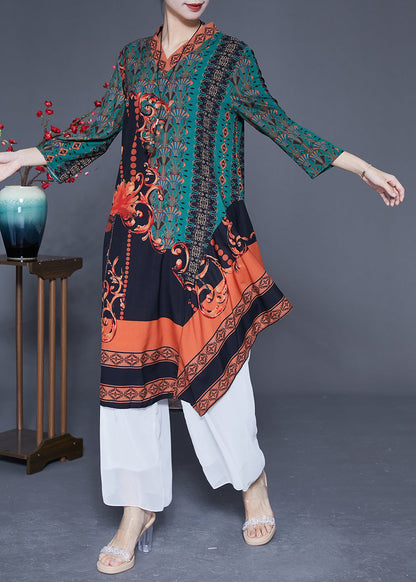 Green Asymmetrical Patchwork Print Silk Maxi Dresses Spring Ly1769