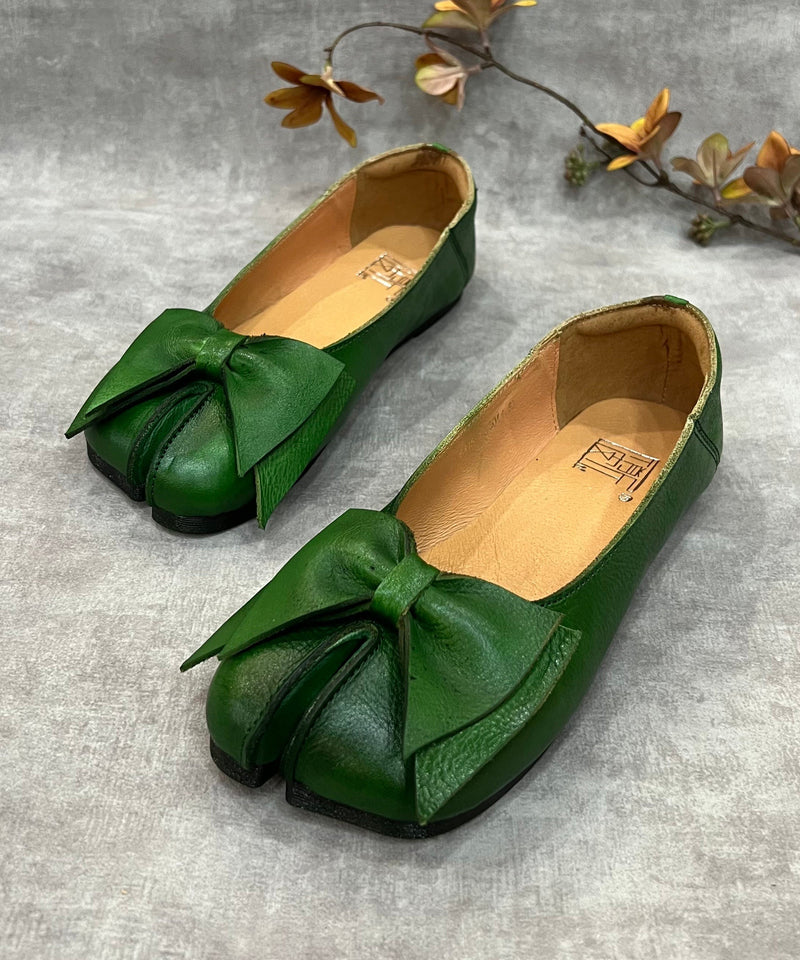 Green Bow Split Toe Cowhide Leather Flat Shoes for Rt1043