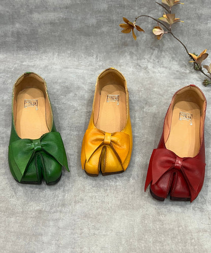 Green Bow Split Toe Cowhide Leather Flat Shoes for Rt1043